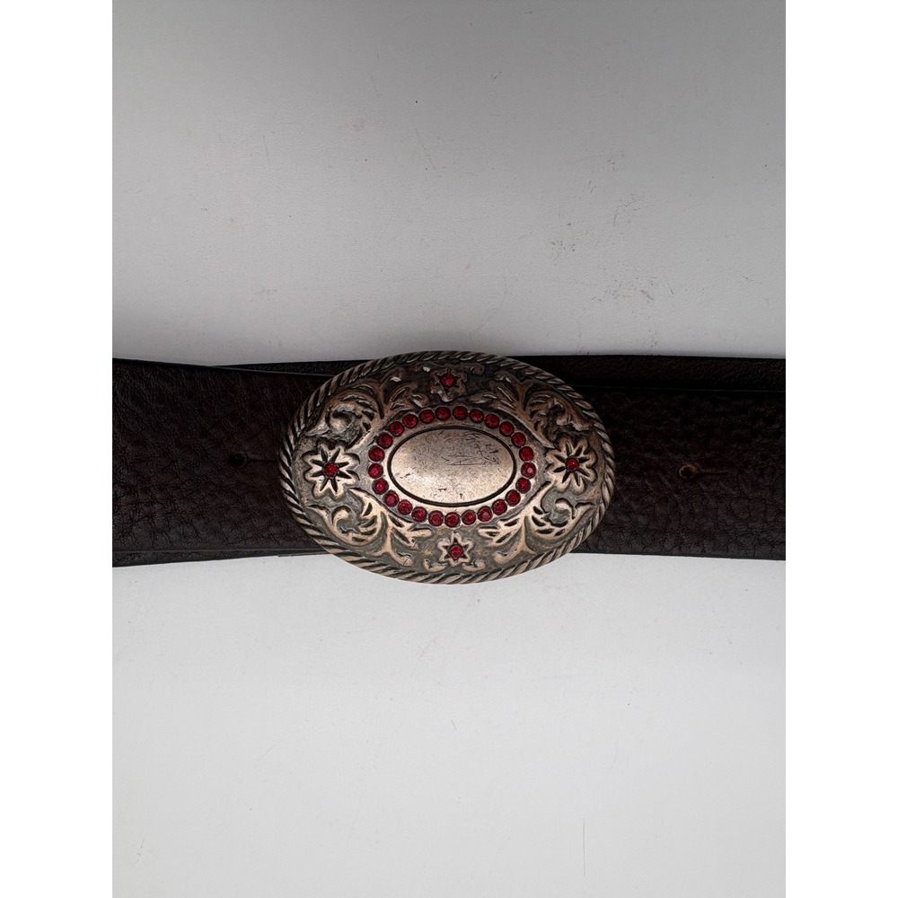 Vintage American Eagle Brown Italian Leather Western Belt Red Rhinestone Buckle